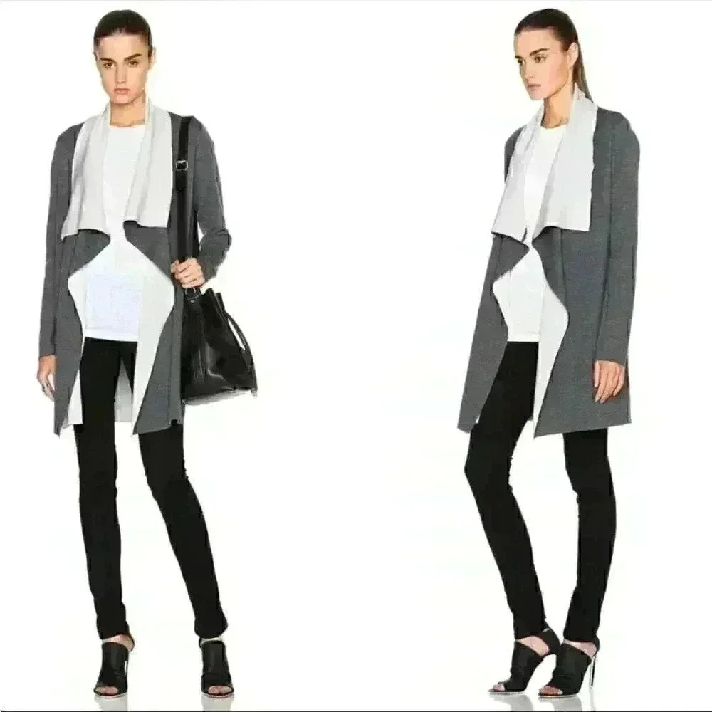 NWT VINCE GREY MERINO WOOL BLEND TWO TONE DRAPE OPEN CARDIGAN SWEATER COAT Sz S